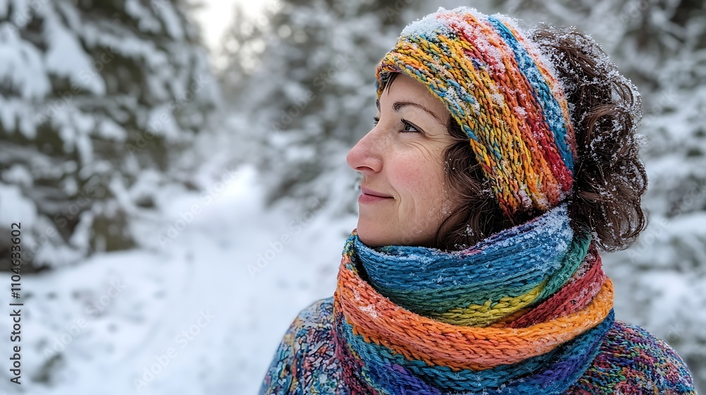 A woman enjoying a snowy walk while wearing a pair of colorful ear warmers, a woolen sweater, and a matching scarf A woman enjoying a snowy walk while wearing a pair of colorful ear warmers, a woolen sweater, and a matching scarf