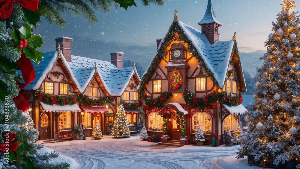 Festive Christmas Village with Snowy Decorated Houses Festive Christmas Village with Snowy Decorated Houses