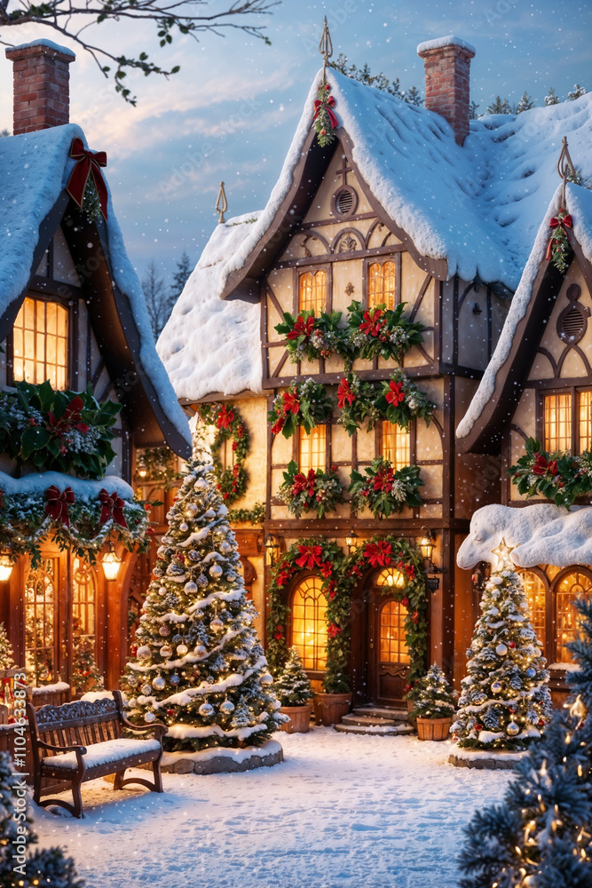 Festive winter scene featuring a snowy Christmas village with decorated houses, Christmas trees and glowing lights at sunset. Festive winter scene featuring a snowy Christmas village with decorated houses, Christmas trees and glowing lights at sunset.