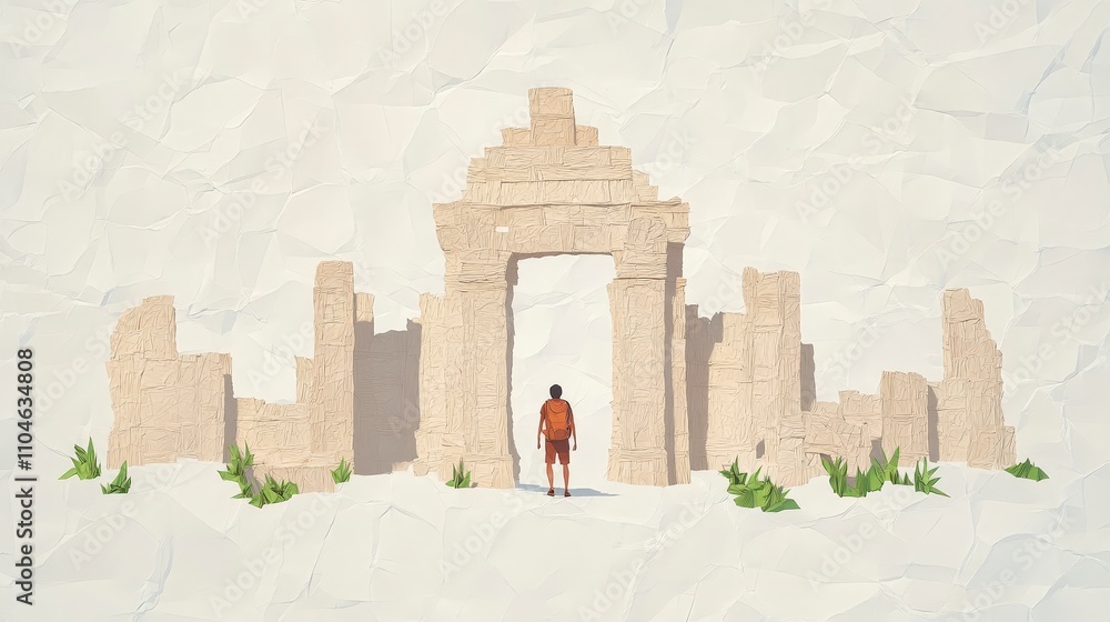 Person Standing Before Ancient Stone Arch and Ruins in Landscape Person Standing Before Ancient Stone Arch and Ruins in Landscape