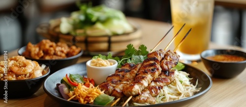 Wallpaper Mural Casual dining table with satay skewers, iced tea, and traditional Asian sides, relaxed atmosphere,  Torontodigital.ca