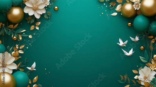 Elegant Green and Gold Festive Background with Paper Flowers and Balloons photo