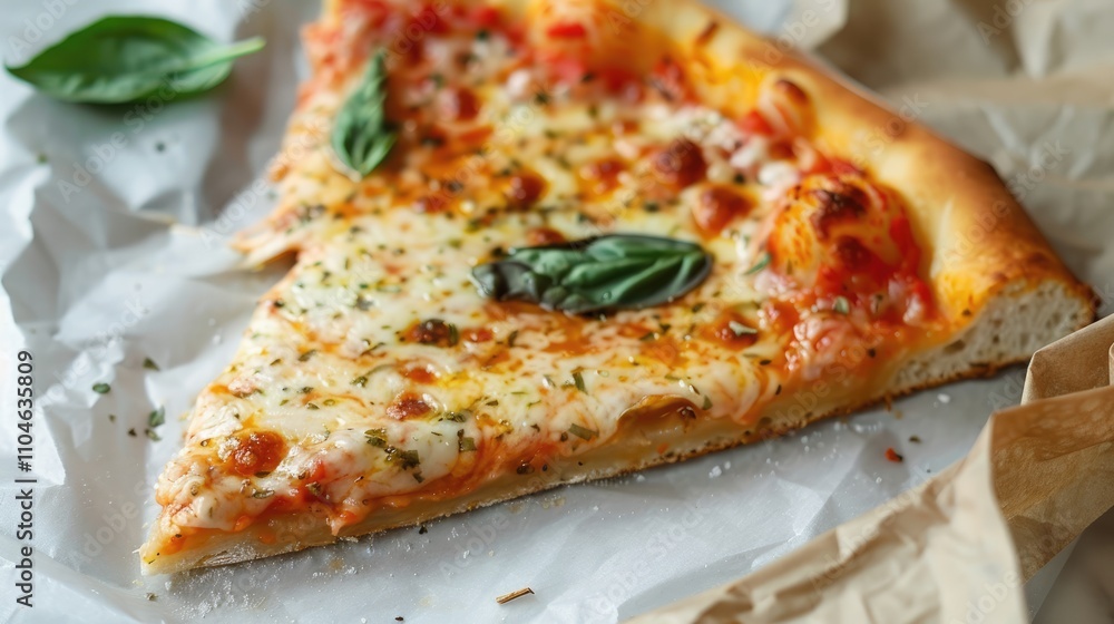 Close-up of a Margherita pizza slice on white table Close-up of a Margherita pizza slice on white table