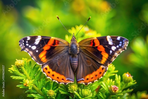 Red Admiral Butterfly on Lush Vegetation at Insh Marshes Nature Reserve, Highland Scotland - Captivating Portrait Photography of Vanessa atalanta in Natural Habitat photo