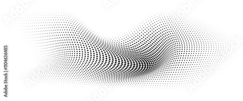 Flowing Wave Dot Halftone Pattern: Curve Gradient Shape on Transparent Background. Suitable for AI, Tech, Network, Digital, Science, and Technology Themes.