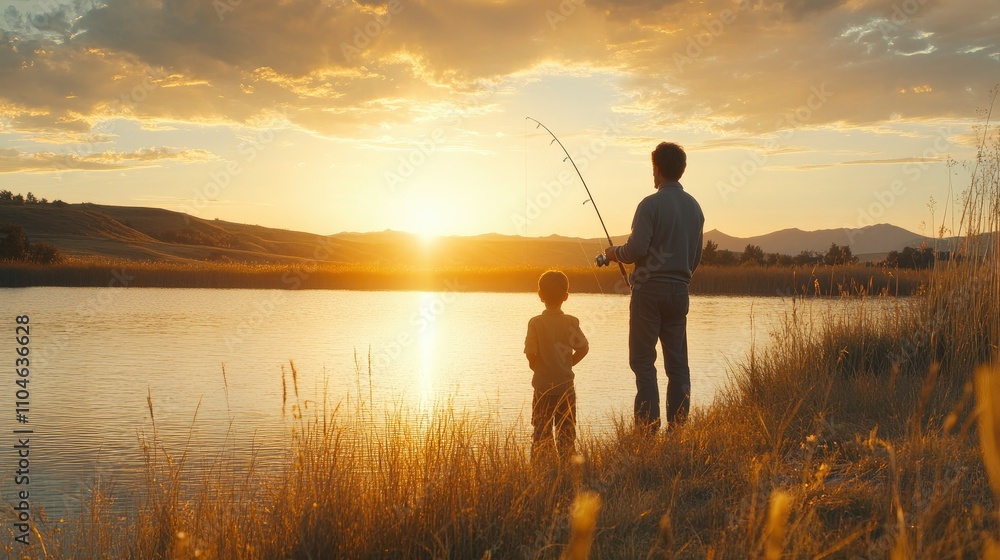 A father and child fishing at sunset, enjoying nature and bonding time together. A father and child fishing at sunset, enjoying nature and bonding time together.