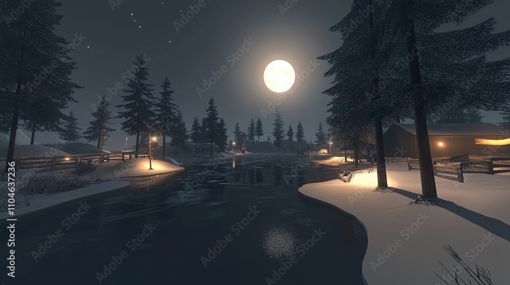 Serene winter night scene with a frozen river, snow-covered cabins, and a bright full moon illuminating the landscape. Serene winter night scene with a frozen river, snow-covered cabins, and a bright full moon illuminating the landscape.