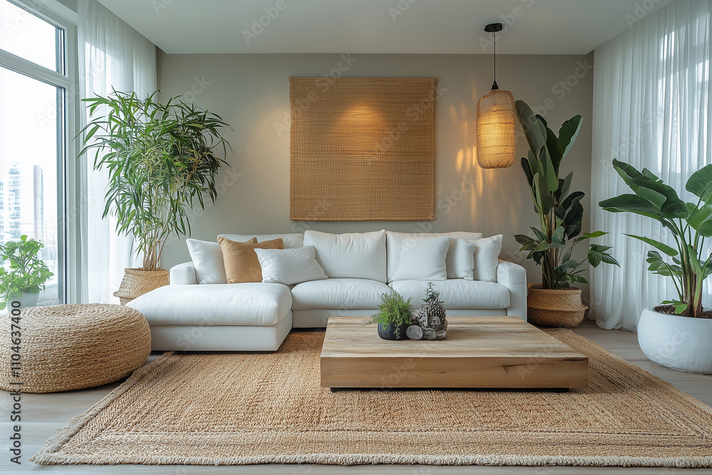Cozy living room featuring a white sofa and natural decor in a tranquil setting Cozy living room featuring a white sofa and natural decor in a tranquil setting
