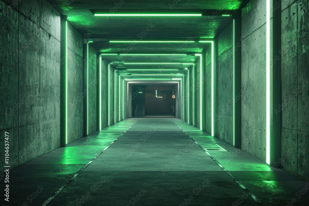 Modern concrete tunnel with dark garage perspective and green neon lighting. Concept cyberpunk interior design, futuristic hall Modern concrete tunnel with dark garage perspective and green neon lighting. Concept cyberpunk interior design, futuristic hall