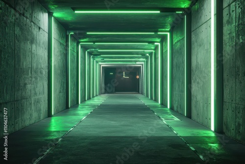 Modern concrete tunnel with dark garage perspective and green neon lighting. Concept cyberpunk interior design, futuristic hall