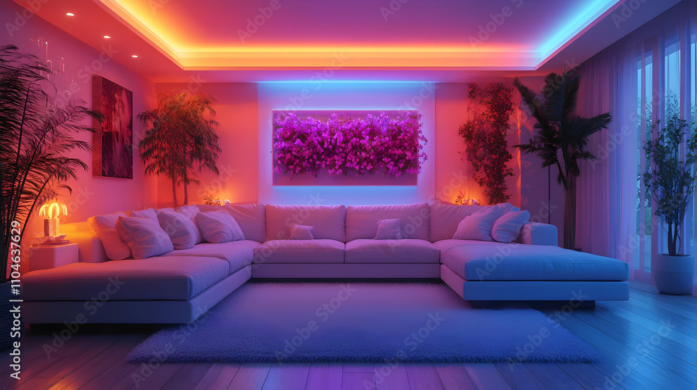 3D Render of Modern Living Room with Colorful Lighting