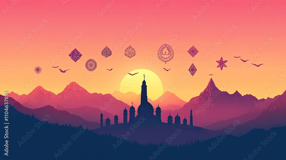 Fototapeta premium Silhouette of a castle on a mountain range at sunset, with various symbols and birds flying in the sky.