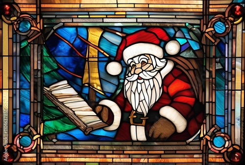 Stained glass Santa Claus with Christmas wish list  photo