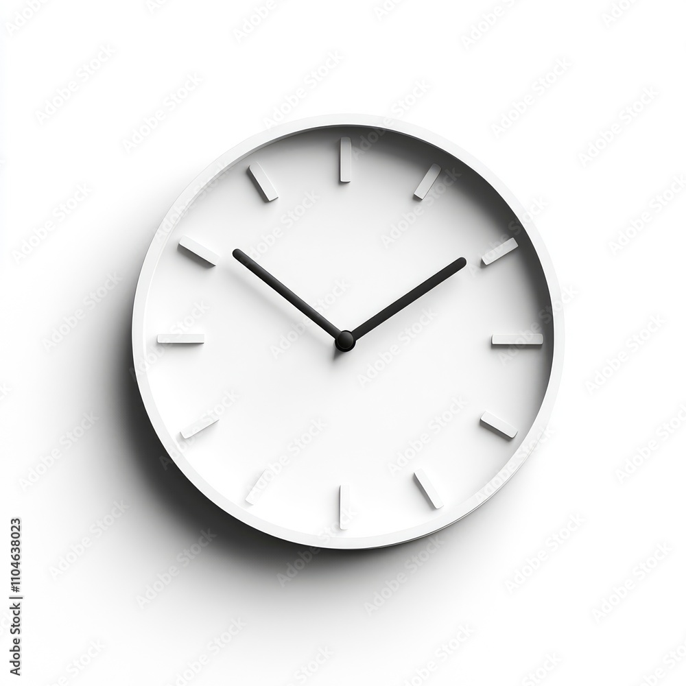 A minimalist wall clock with a white face and black hands, designed for timekeeping. A minimalist wall clock with a white face and black hands, designed for timekeeping.