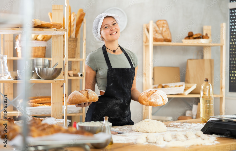 Bakery woman employee holds ready-made bread of bread Bakery woman employee holds ready-made bread of bread