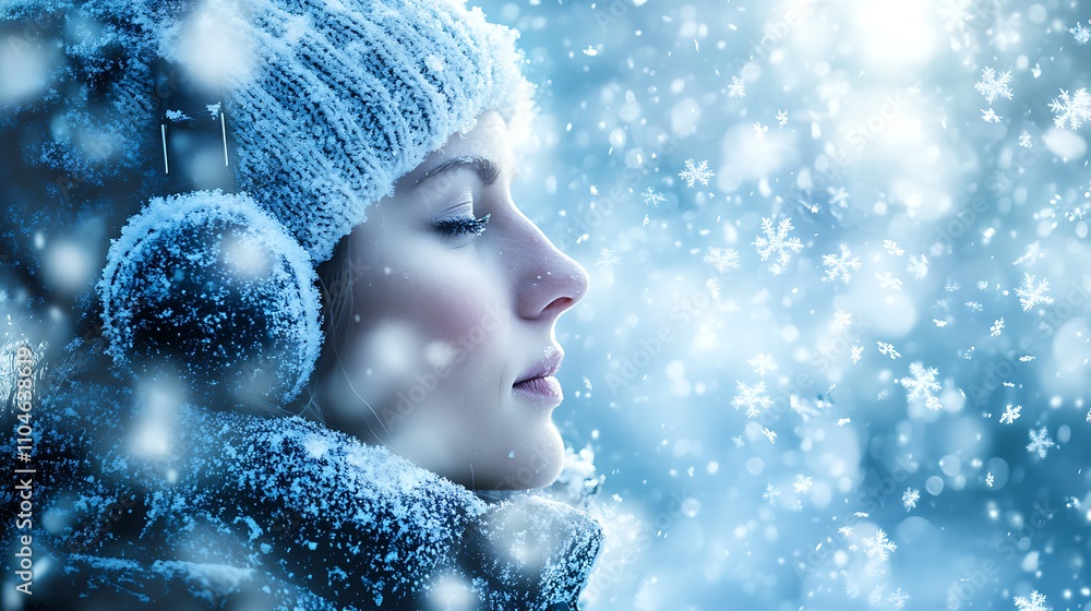 A person wearing ear warmers and a winter jacket, standing outdoors in a frosty environment, with snowflakes gently falling A person wearing ear warmers and a winter jacket, standing outdoors in a frosty environment, with snowflakes gently falling