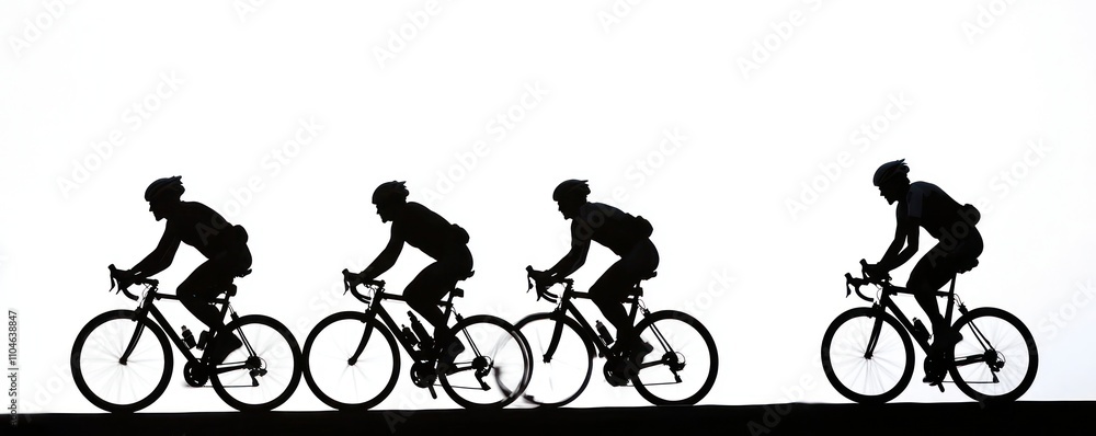 Fototapeta premium Silhouetted road cyclists captured in motion against a bright white backdrop