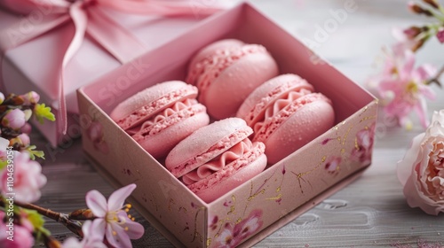 Pink macaroons in a gift box with floral decoration. photo