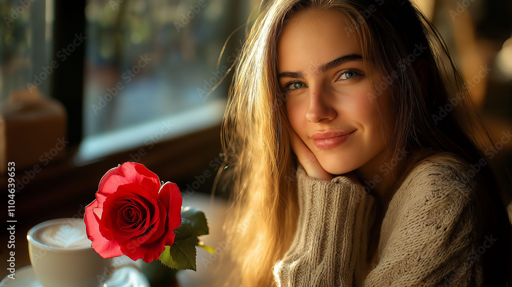 Blonde woman, waiting for her date in a cafe, accompanied by a red rose and a cup of coffee, next to a window. Valentine's Day holidays Blonde woman, waiting for her date in a cafe, accompanied by a red rose and a cup of coffee, next to a window. Valentine's Day holidays