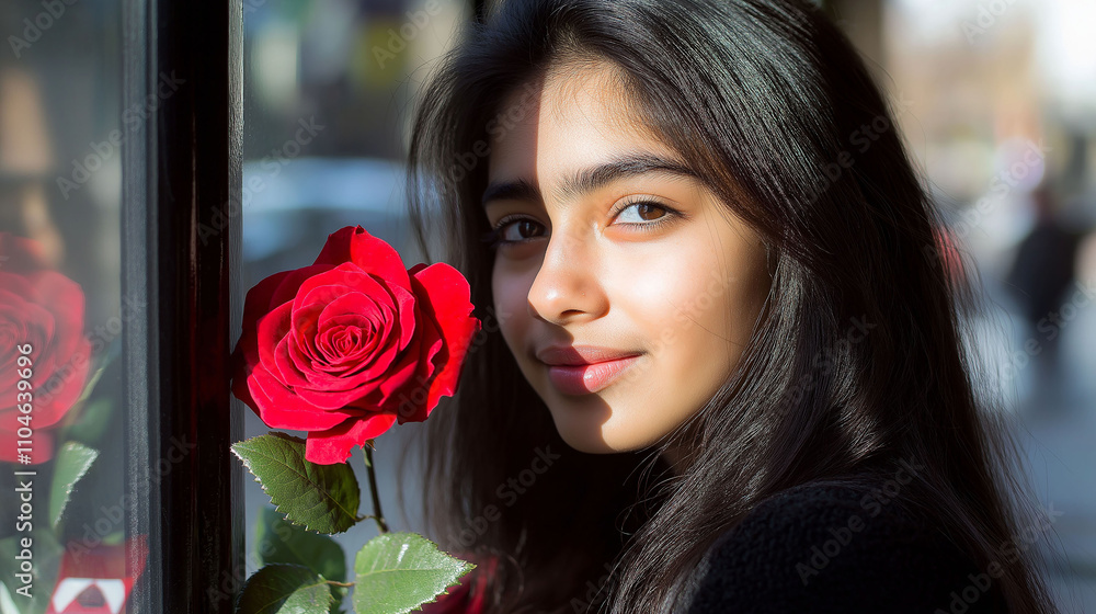 Latina woman waiting for her date in a cafe, accompanied by a red rose, next to a window. Valentine's Day holidays Latina woman waiting for her date in a cafe, accompanied by a red rose, next to a window. Valentine's Day holidays