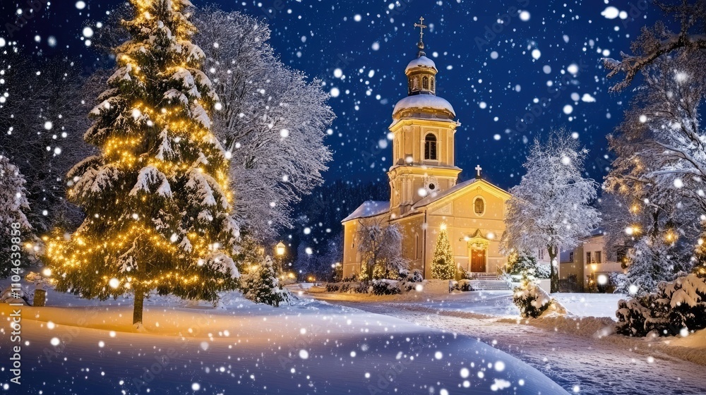 Fototapeta premium Snowy Christmas Eve at a church with a decorated tree.