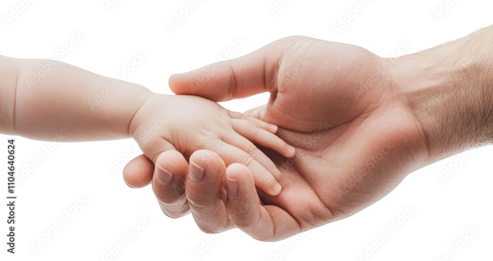 Adult and infant hands connect tenderly, cut out - stock png. Adult and infant hands connect tenderly, cut out - stock png.