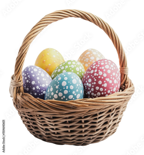 Colorful decorated eggs in a woven basket, cut out - stock png.