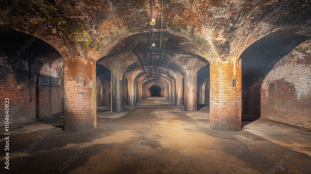Fototapeta premium A Mysterious Underground Storage Space Featuring Intricate Brick Arches, A Dimly Lit Pathway, and Atmospheric Texture in a Historical Setting