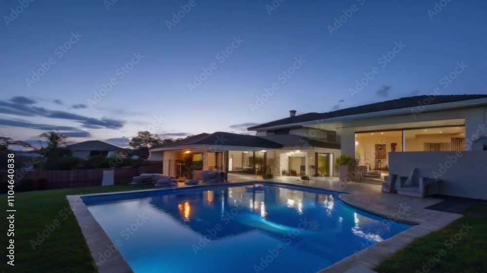 Cinematic 4K time-lapse video of a modern home at dusk, showcasing glowing poolside reflections and elegant patio design Cinematic 4K time-lapse video of a modern home at dusk, showcasing glowing poolside reflections and elegant patio design