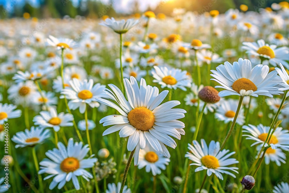 Fototapeta premium Vibrant field of daisies bathed in golden sunlight.