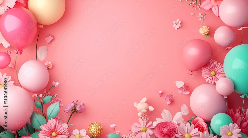 Pastel Pink and Green Balloons and Flowers on Pink Background - Festive Birthday or Celebration Pastel Pink and Green Balloons and Flowers on Pink Background - Festive Birthday or Celebration