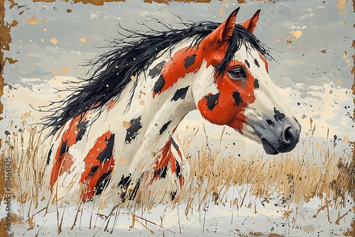 A Stunning Impasto Painting of a Pinto Horse in a Winter Field. photo