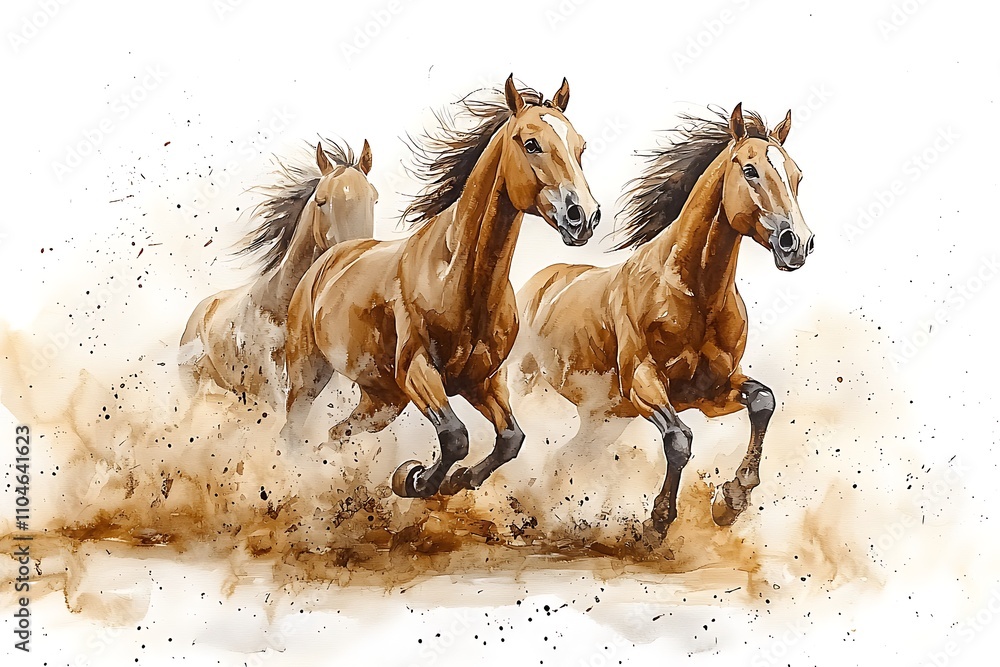 Fototapeta premium Three Brown Horses Running in Dust, Watercolor Painting.