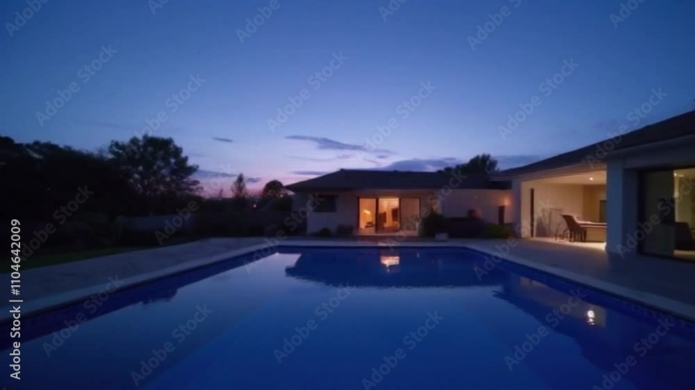 4K cinematic video of a modern home at dusk, capturing patio and pool reflections with twilight transitions and luxurious ambiance 4K cinematic video of a modern home at dusk, capturing patio and pool reflections with twilight transitions and luxurious ambiance