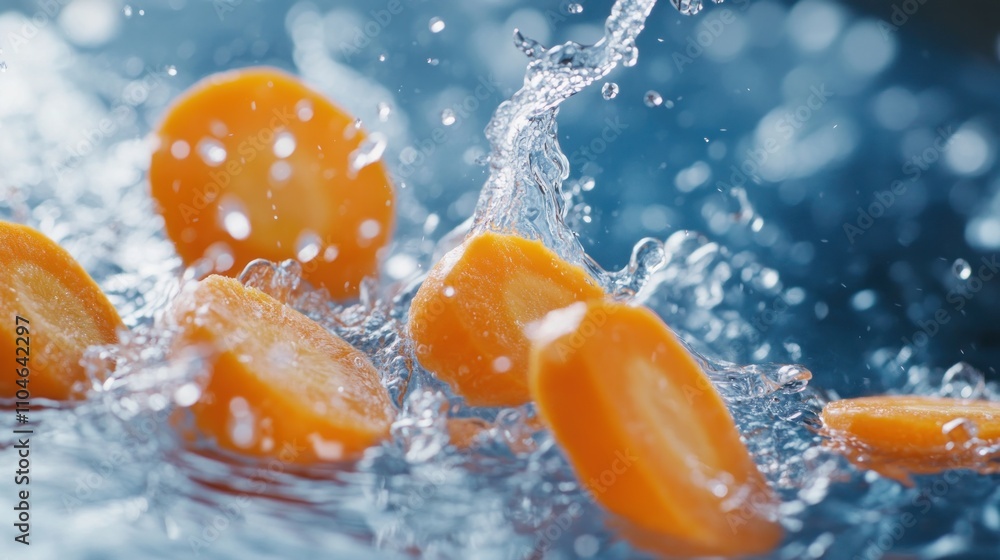 Close-up of sliced carrots diving into water, ripple effects and scattered droplets, Close-up of sliced carrots diving into water, ripple effects and scattered droplets,
