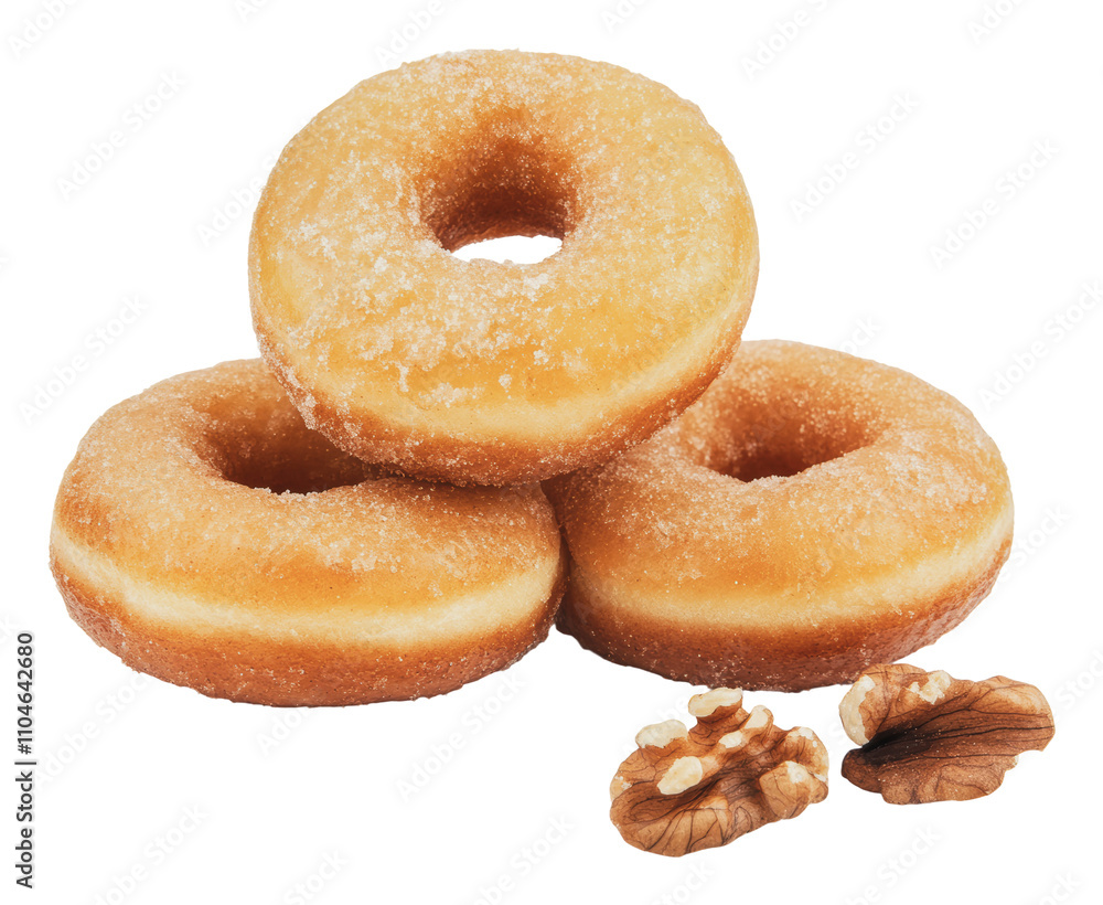 Delicious glazed donuts stacked with walnuts, cut out - stock png. Delicious glazed donuts stacked with walnuts, cut out - stock png.