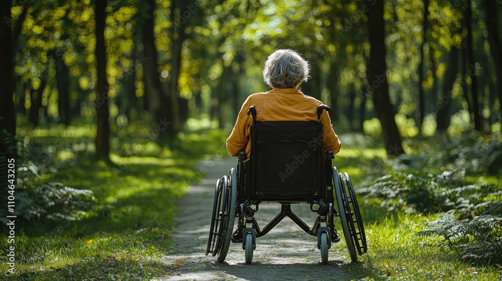 Elderly Person in Wheelchair Enjoying a Peaceful Walk Through a Lush Green Forest Pathway on a Sunny Day Elderly Person in Wheelchair Enjoying a Peaceful Walk Through a Lush Green Forest Pathway on a Sunny Day