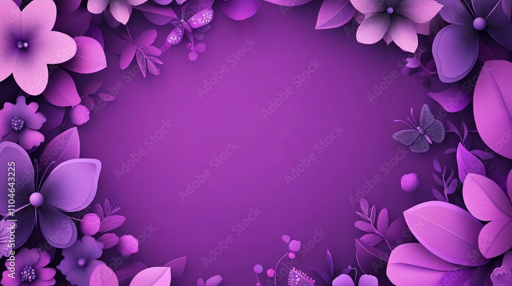 Elegant Purple Floral Frame with Butterflies - Paper Art Style Background Elegant Purple Floral Frame with Butterflies - Paper Art Style Background