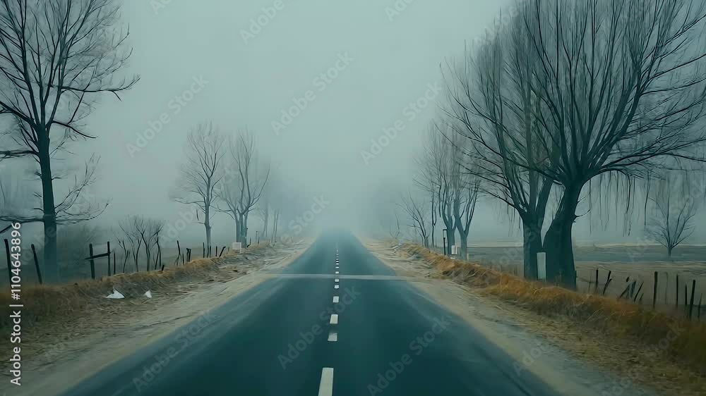 Foggy Winter Road Tranquil Pathway Through Bare Trees and Misty Landscape, Evoking Solitude and Connection with Nature Foggy Winter Road Tranquil Pathway Through Bare Trees and Misty Landscape, Evoking Solitude and Connection with Nature