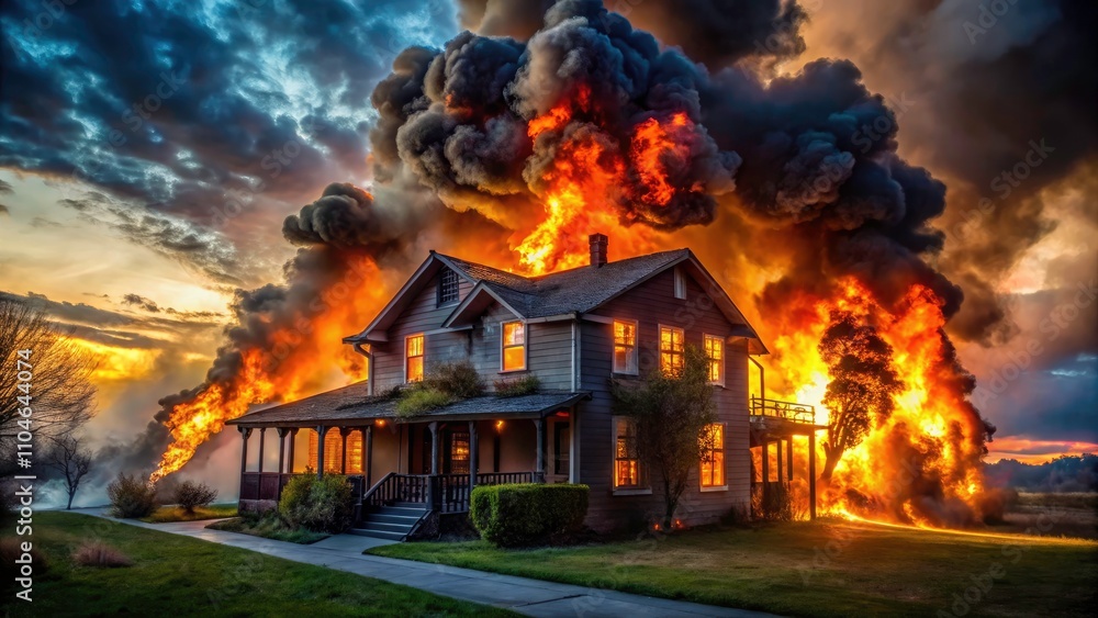 Dramatic Outdoor Scene of a House Burning Down, Capturing the Intensity and Emotion of Fire in Documentary Photography Style Dramatic Outdoor Scene of a House Burning Down, Capturing the Intensity and Emotion of Fire in Documentary Photography Style
