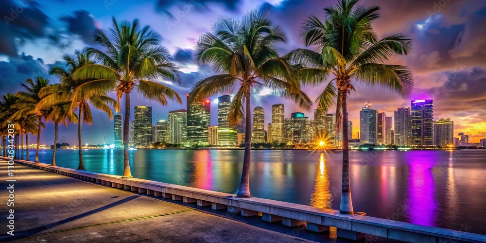 Obraz premium Stunning Miami Night Skyline View from MacArthur Causeway, Capturing the Vibrant City Lights and Reflections on the Water, Showcasing the Beauty of Florida's Nightlife and Architecture