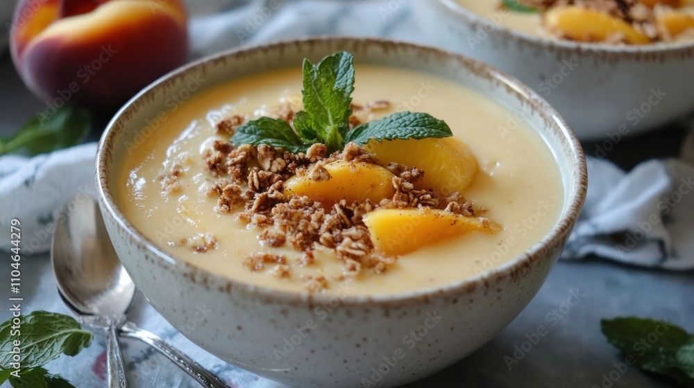 Creamy peach soup with crushed granola and mint garnish, Creamy peach soup with crushed granola and mint garnish,