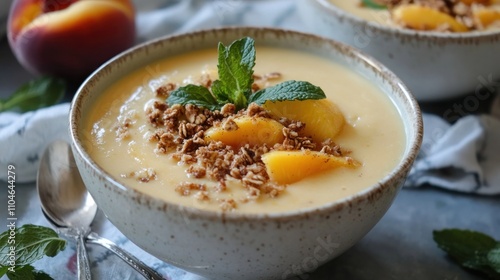 Creamy peach soup with crushed granola and mint garnish,