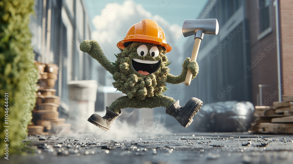 Cannabis Construction Worker Character with Hammer in Industrial Setting
Cannabis Construction Worker Character with Hammer in Industrial Setting
