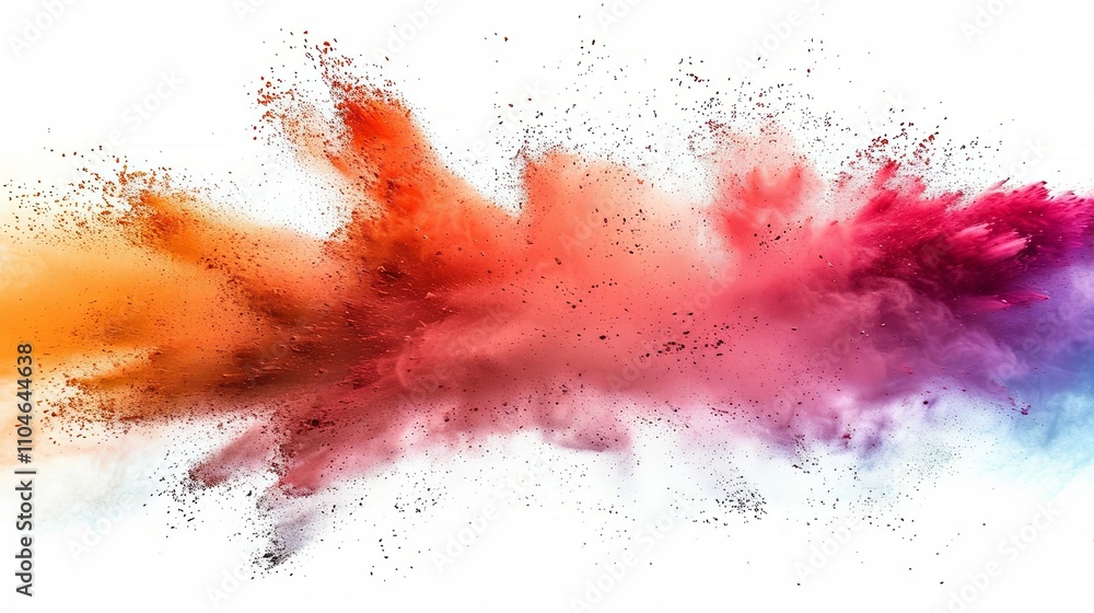 Vibrant multicolored powder explosion against a stark white background. Vibrant multicolored powder explosion against a stark white background.