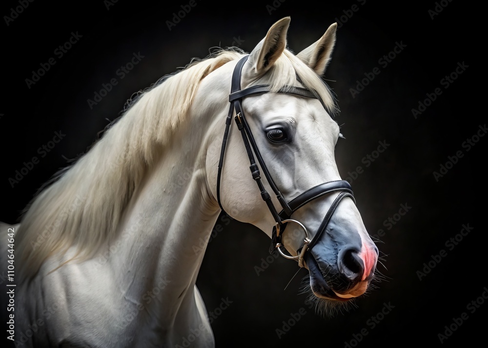 Fototapeta premium Stunning White Horse Portrait in Bridle Isolated on Black Background with High Depth of Field - Capturing the Elegance and Majesty of the Equine Beauty in Detail