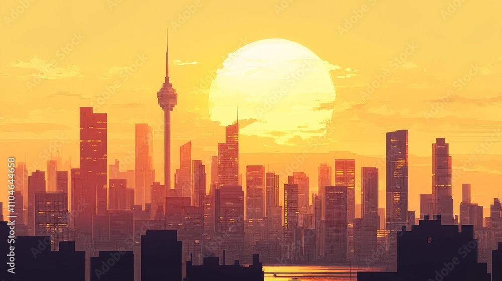 A cityscape with a skyline of iconic skyscrapers against a golden sunset