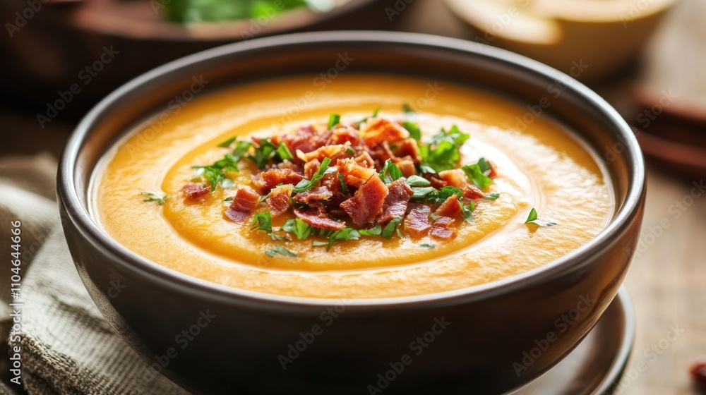 Exquisite cantaloupe soup with a topping of prosciutto crisps, Exquisite cantaloupe soup with a topping of prosciutto crisps,
