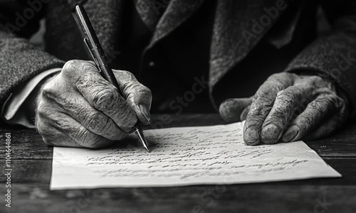 A close-up of aged hands writing a letter with a fountain pen on a piece of paper. photo