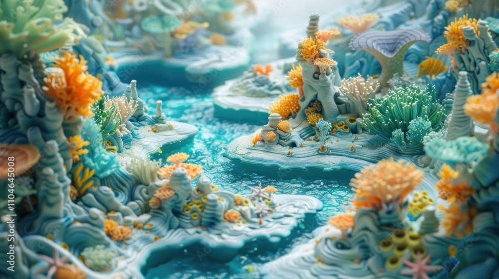 Fototapeta premium Whimsical underwater landscape with vibrant coral reefs and flowing water.